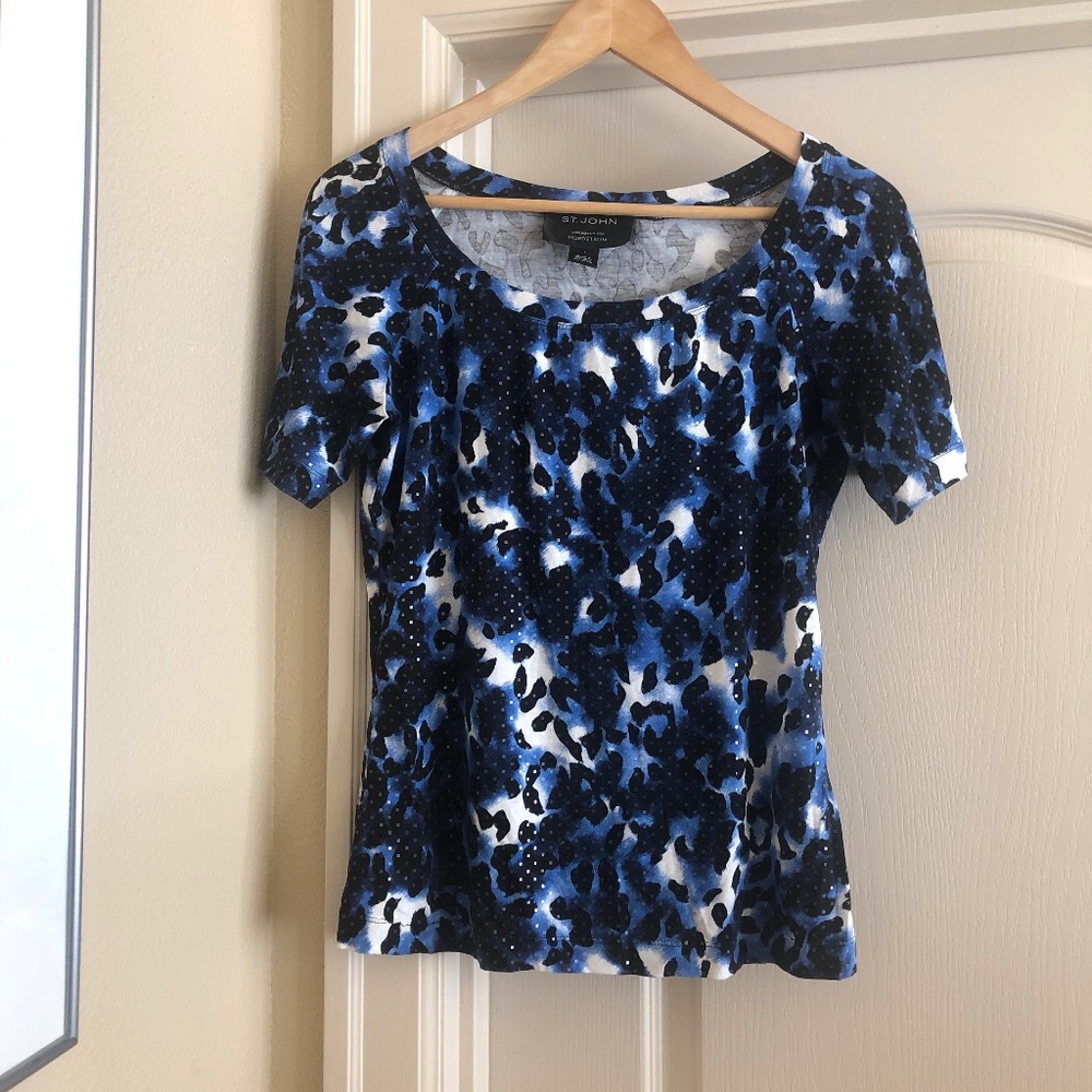 St. John Collection Blue Black White Printed Short Sleeve Top S